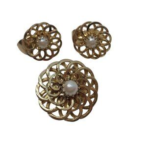 Vintage Coro Gold-Tone Clip-On Earrings & Brooch Set w/ Faux Pearls